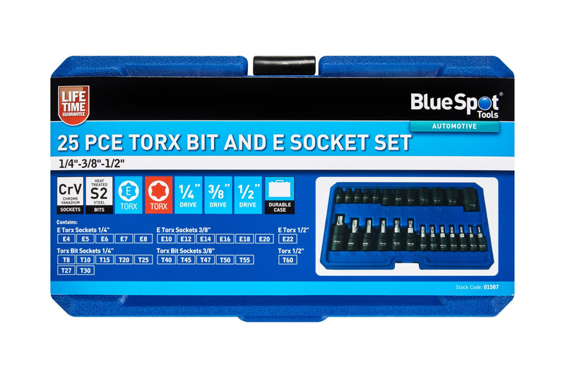 Blue Spot Tools 25 PCE Torx Bit And E Sockets Set 1/4"-3/8"-1/2"