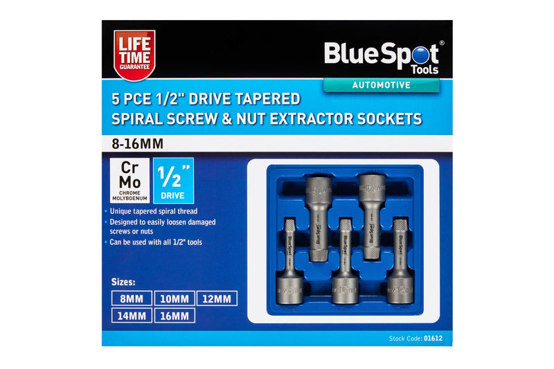 Blue Spot Tools 5 PCE 1/2" Tapered Spiral Screw & Nut Extractor Sockets