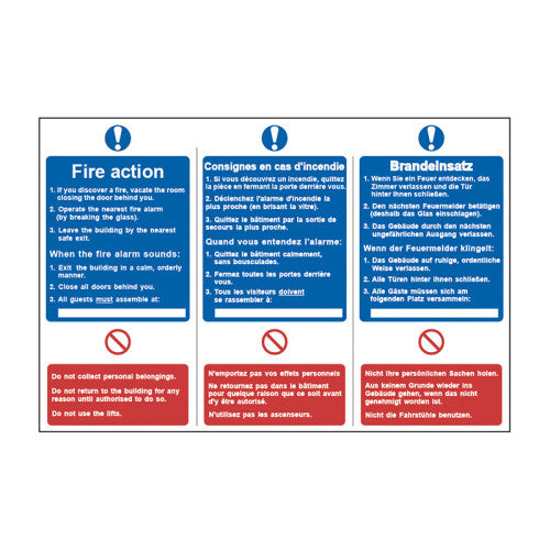 Fire action notice (English / French / German) - Self Adhesive PP (300 x 200mm)