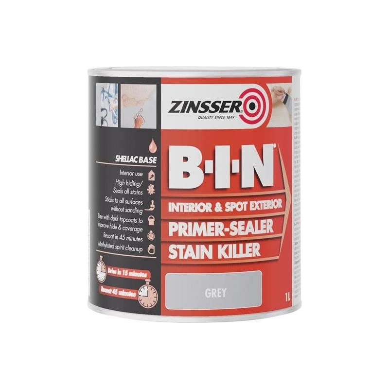 Zinsser B.I.N® Primer, Sealer & Stain Killer Paint Grey 1 litre Zinsser - RockBottom Northampton