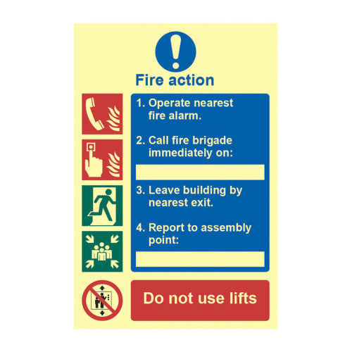 'Fire Action Procedure' Sign, 1.3mm Rigid Self Adhesive Photoluminescent (200mm x 300mm) 0202