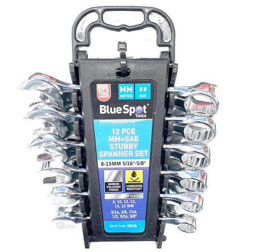 Blue Spot Tools 12 PCE mm+SAE Stubby Spanner Set 8-15mm 5/16"-5/8"