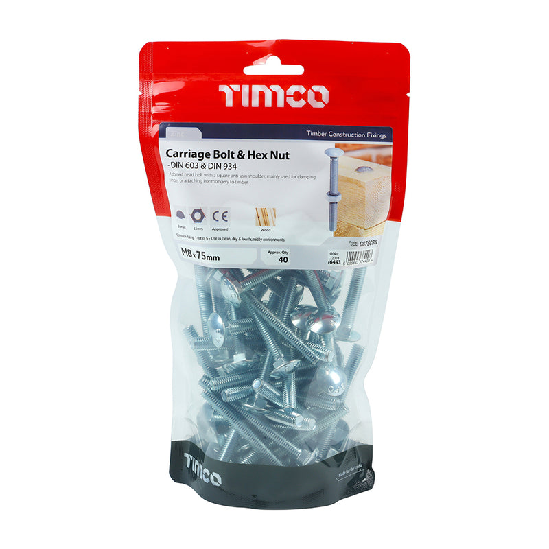 TIMCO Carriage Bolts DIN603 & Hex Full Nut DIN934 Silver — Bag