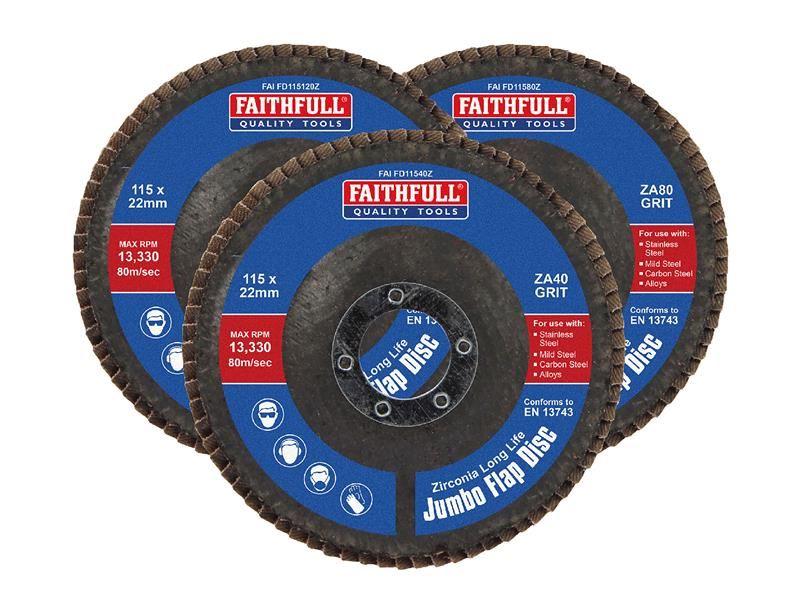 Faithfull Zirconia Abrasive Jumbo Flap Disc 115 x 22mm Mixed Grit (3 Pack) Faithfull - RockBottom Northampton