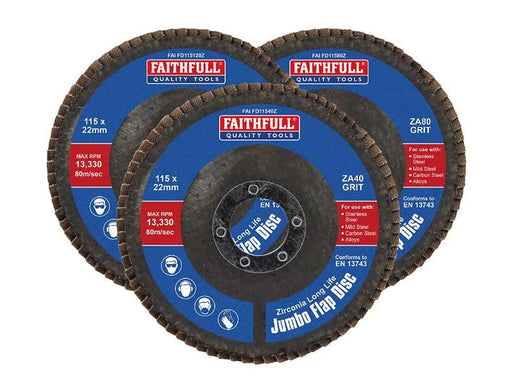 Faithfull Zirconia Abrasive Jumbo Flap Disc 115 x 22mm Mixed Grit (3 Pack) Faithfull - RockBottom Northampton