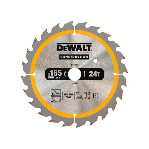 Dewalt Power Tools Cordless Construction Trim Saw Blade 165 x 20mm x 24T DeWALT Power Tools - RockBottom Northampton