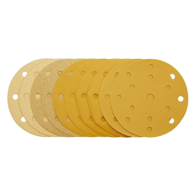 Gold Sanding Discs with Hook & Loop, 150mm, Assorted Grit - 120G, 180G, 240G, 320G, 400G, 15 Dust Extraction Holes (Pack of 10) Draper - Town Tools