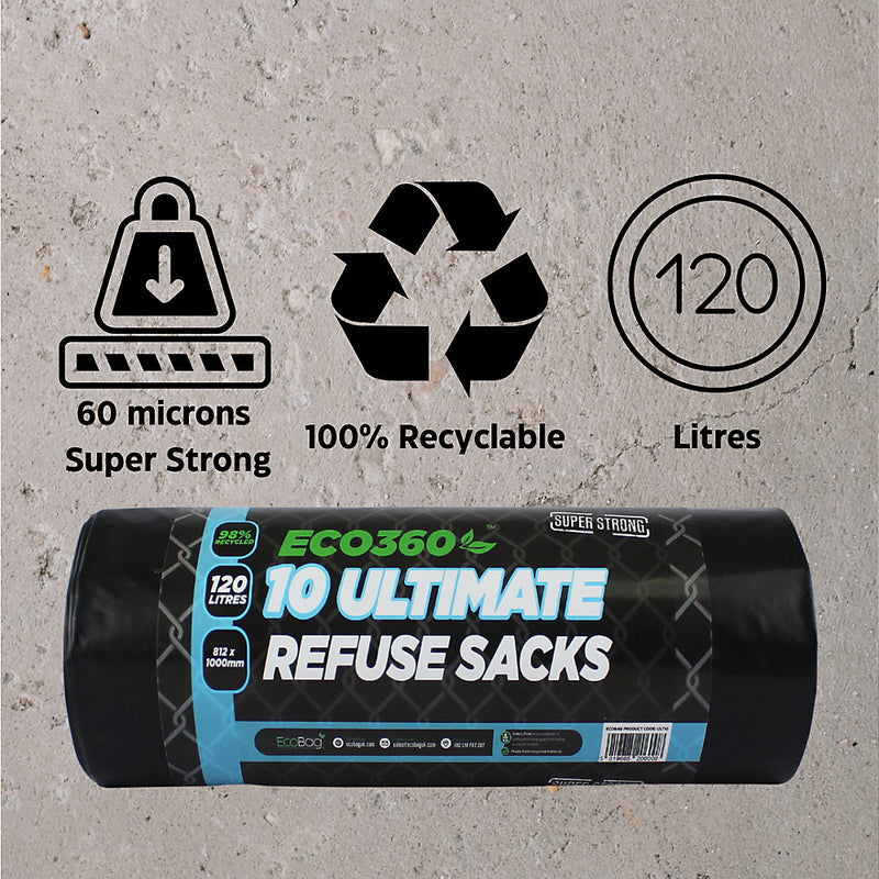 10 x Ultimate Refuse Sacks 60mu 120L Super Strong Bin Bags