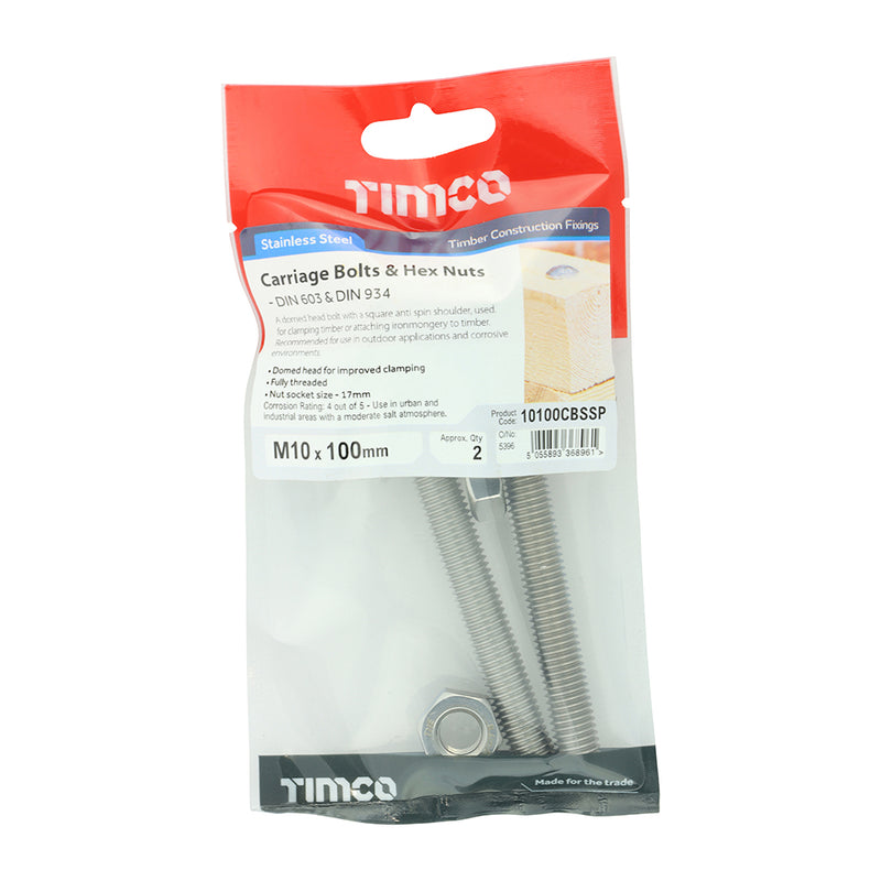 TIMCO Carriage Bolts DIN603 & Hex Full Nut DIN934 A2 Stainless Steel