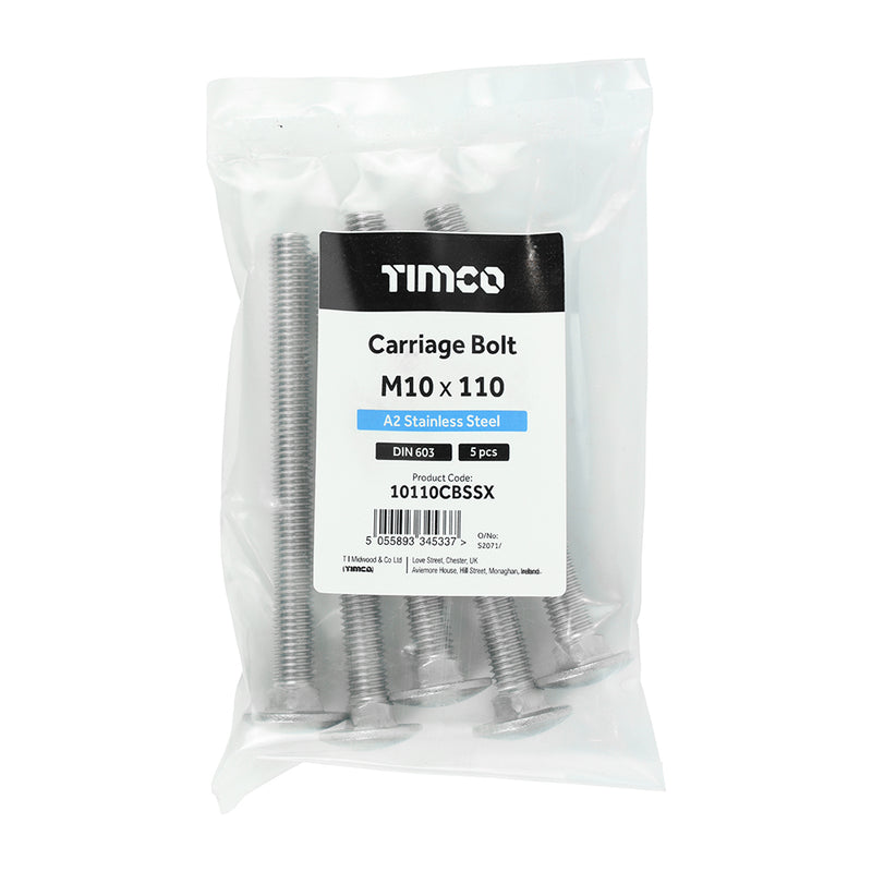 TIMCO Carriage Bolts DIN603 A2 Stainless Steel - M10 x 100