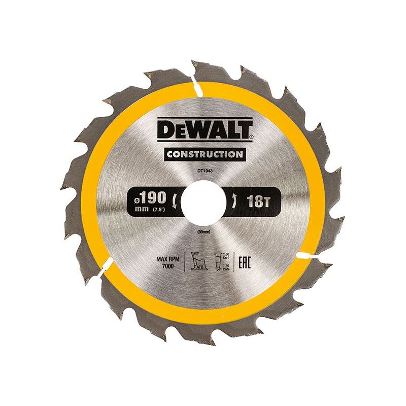 Dewalt Power Tools Portable Construction Circular Saw Blade 190 x 30mm x 18T DeWALT Power Tools - RockBottom Northampton