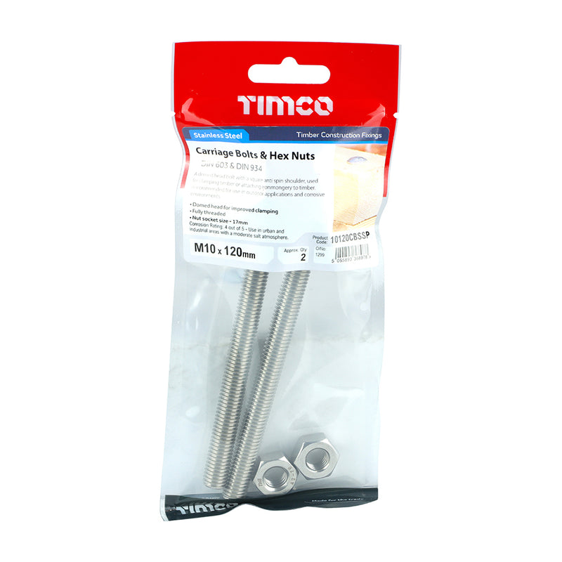 TIMCO Carriage Bolts DIN603 & Hex Full Nut DIN934 A2 Stainless Steel