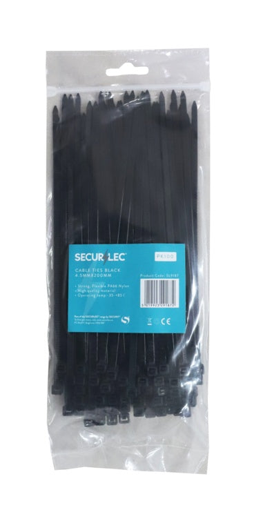 Securlec Black Cable Ties 4.5mm x 200mm Pack 100