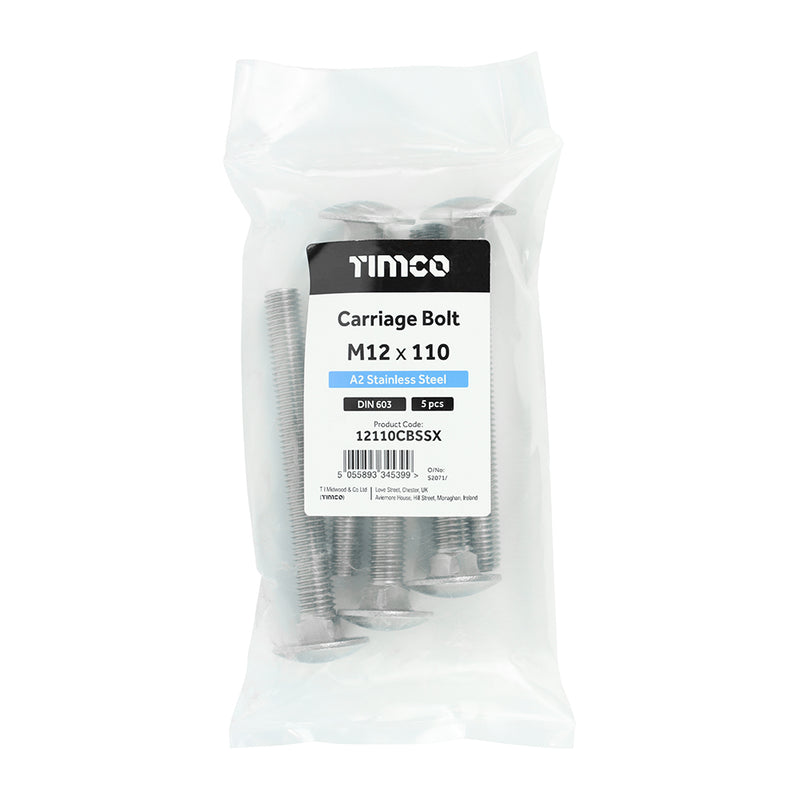 TIMCO Carriage Bolts DIN603 A2 Stainless Steel - M10 x 100