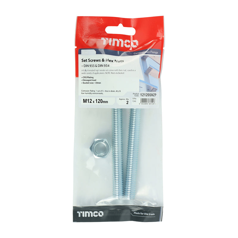 TIMCO Set Screws DIN933 Grade 8.8 & Hex Nut DIN934 Silver — Trade Pack