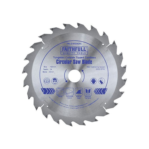 Faithfull TCT Cordless Trimsaw Blade 165 x 20mm x 24T POS Faithfull - RockBottom Northampton