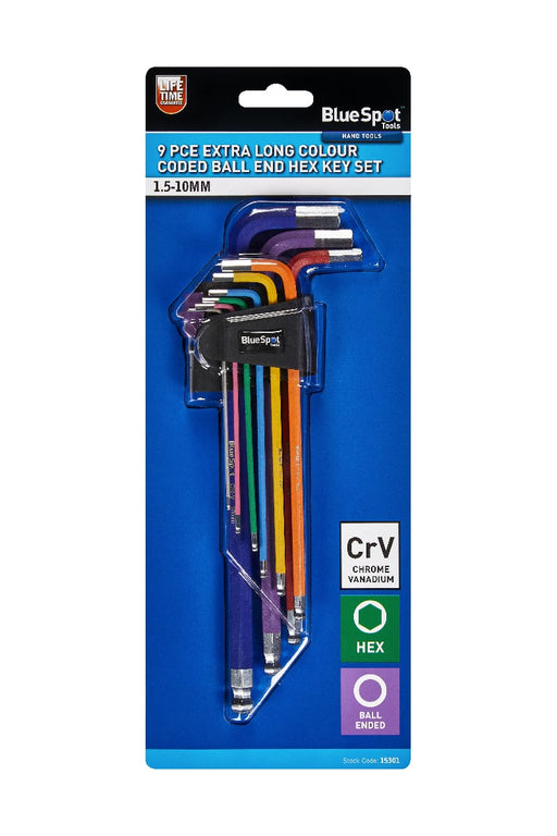 Blue Spot Tools 9 PCE Extra Long Colour Coded Ball End Hex Key Set (1.5-10mm)