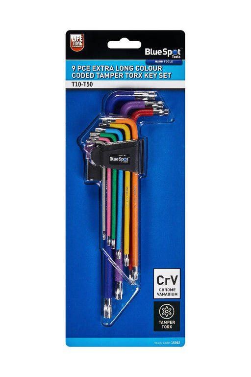 Blue Spot Tools 9 PCE Extra Long Colour Coded Tamper Torx Key Set (T10-T50)