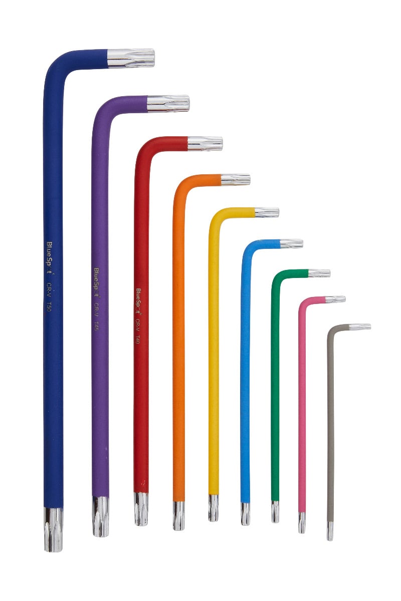 Blue Spot Tools 9 PCE Extra Long Colour Coded Tamper Torx Key Set (T10-T50)
