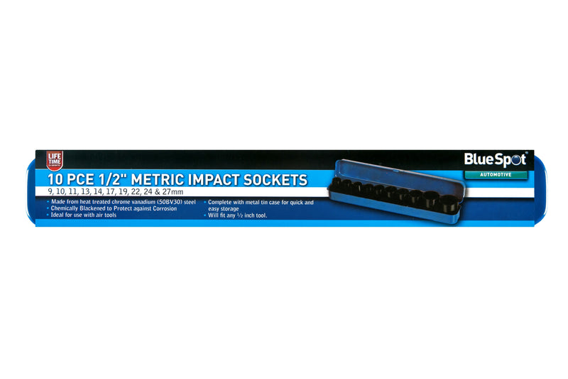 Blue Spot Tools 10 PCE 1/2" Metric Impact Sockets (9-27mm)