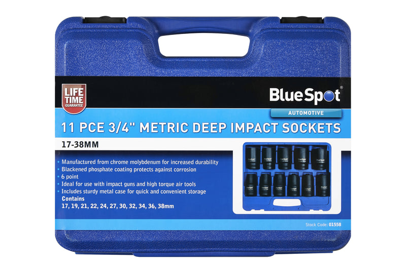 Blue Spot Tools 11 PCE 3/4" Metric Deep Impact Sockets (17-38mm)