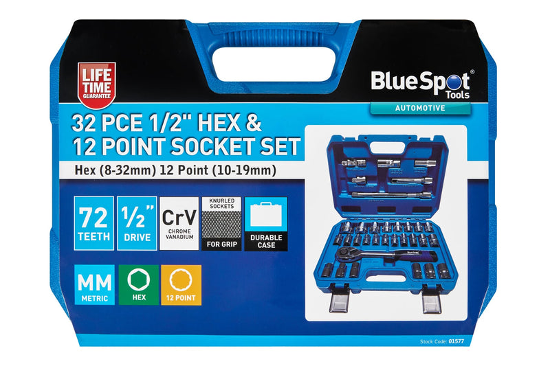 Blue Spot Tools 32 PCE 1/2" Hex & 12 Point Socket Set (8-32mm) (10-19mm)