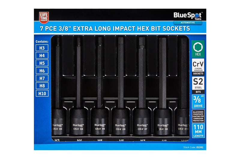 Blue Spot Tools 7 PCE Extra Long 3/8" Impact Hex Bit Sockers H3-H10