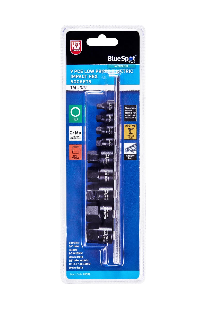 Blue Spot Tools 9 PCE 1/4"-3/8" Low Profile Impact Hex Sockets Metric