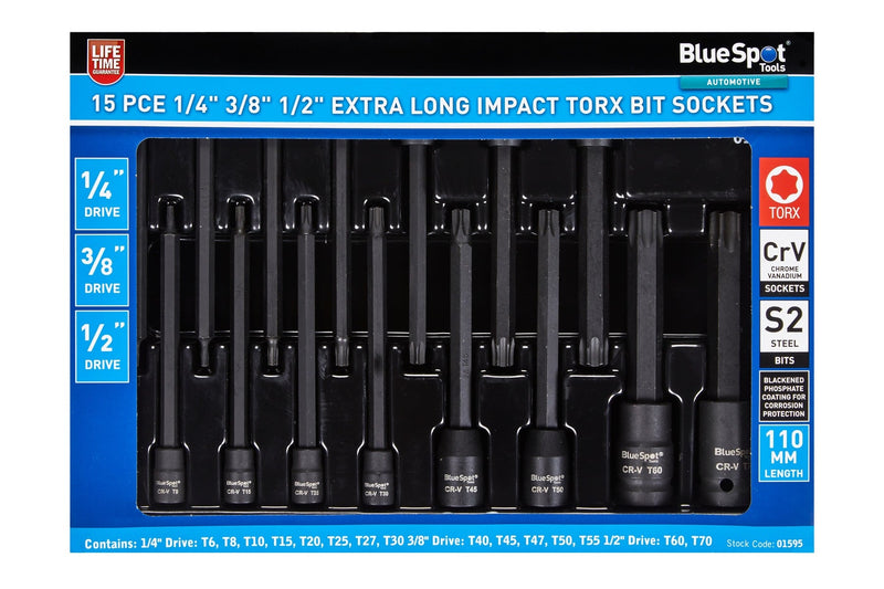 Blue Spot Tools 15 PCE 1/4" 3/8" 1/2" Extra Long Impact Torx Bits