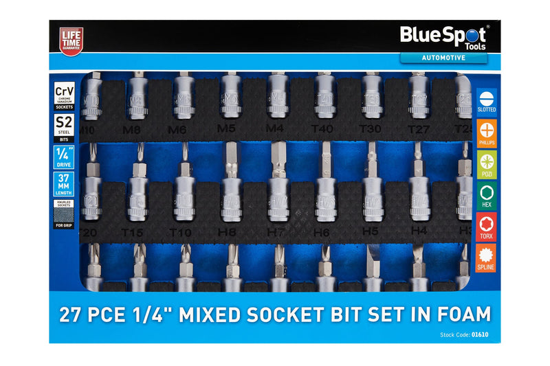 Blue Spot Tools 27 PCE 1/4" Mixed Socket Bit Set In Foam