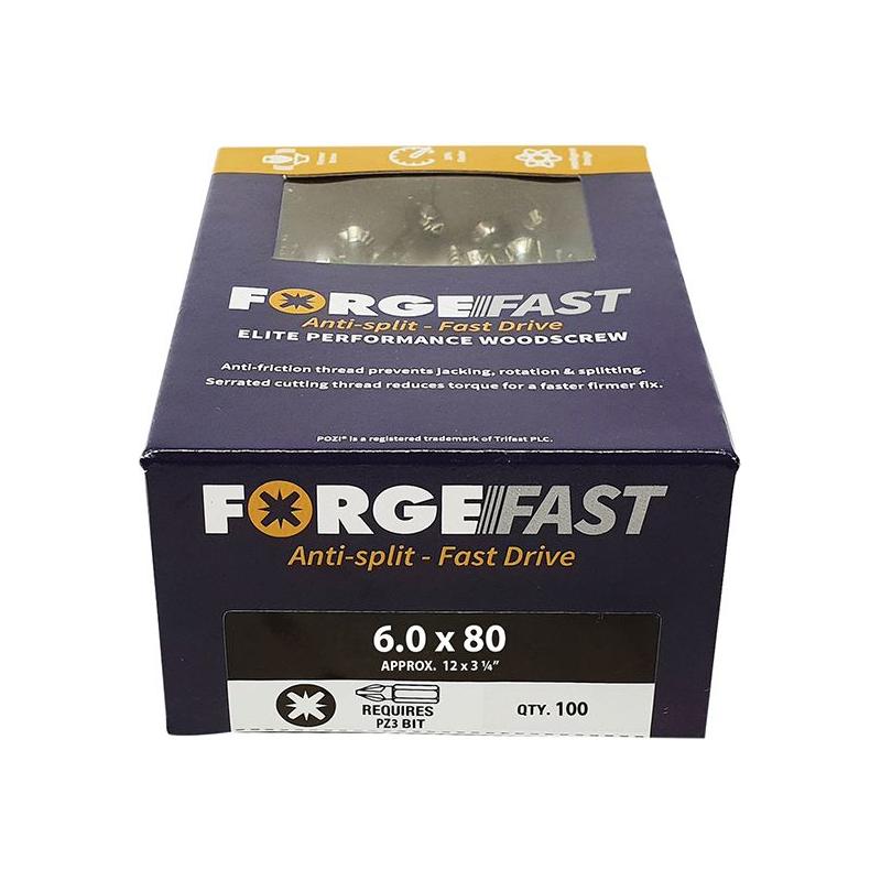Forgefix ForgeFast Pozi Compatible Elite Performance Wood Screw ZY 6.0 x 80mm Box 100 ForgeFix - RockBottom Northampton