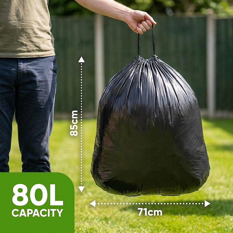 20 Pack Black Drawstring Heavy Duty Bin Liner Refuse Sacks, 80L