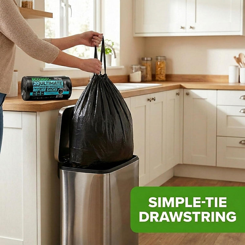 20 Pack Black Drawstring Heavy Duty Bin Liner Refuse Sacks, 80L