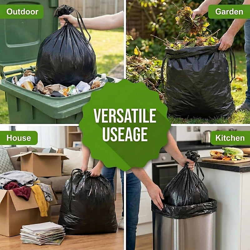 20 Pack Black Drawstring Heavy Duty Bin Liner Refuse Sacks, 80L