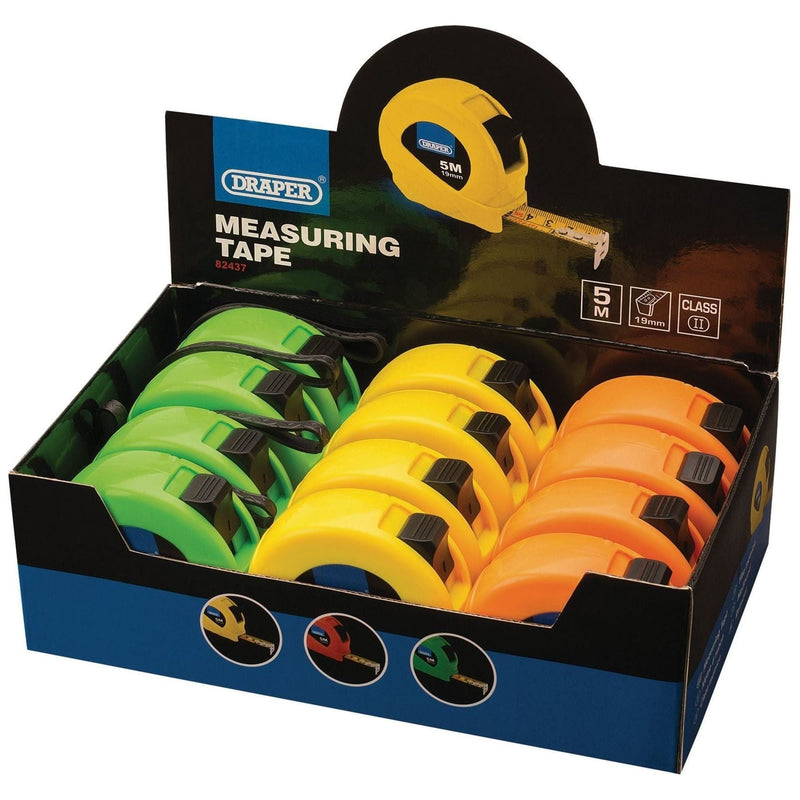 Draper Measuring Tapes, 5m/16ft x 19mm, 3 Colours (Dispenser of 12) Draper - Town Tools