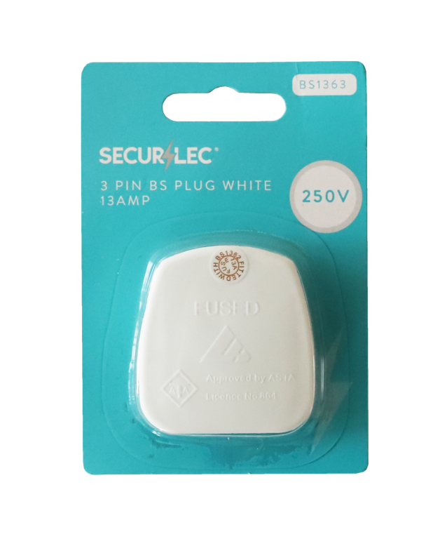 Securlec 13A, 3 Pin Plug Fused 13A to BS1363, White Bubble-Packed
