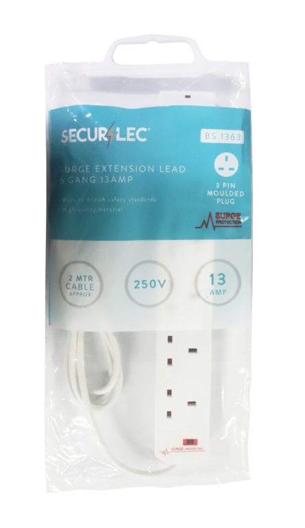 Securlec 6 Gang Extension Lead With Neon Light & Surge Protection 2m