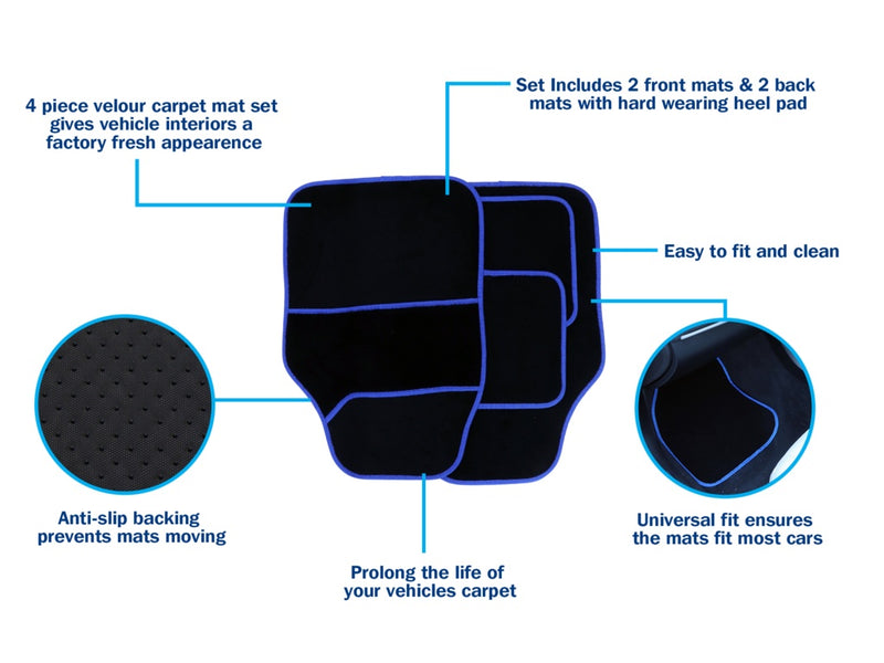 Streetwize Velour Carpet Mat Sets with Coloured Binding - 4 Piece Black/Blue