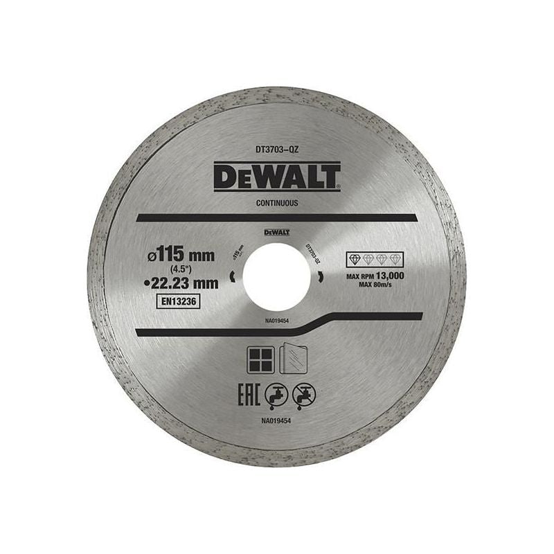 Dewalt Power Tools DT3711 Continuous Rim Diamond Cutting Disc 115 x 22.23mm DeWALT Power Tools - RockBottom Northampton