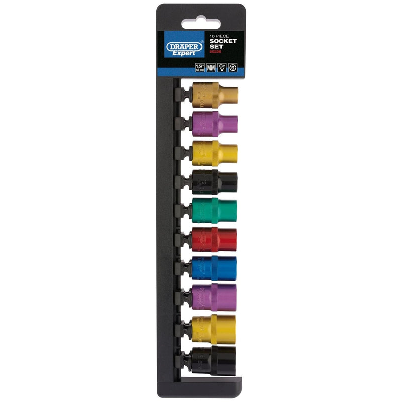 Draper Metric Coloured Socket Set, 1/2" Sq. Dr. (10 Piece) 50493 Draper - Town Tools 