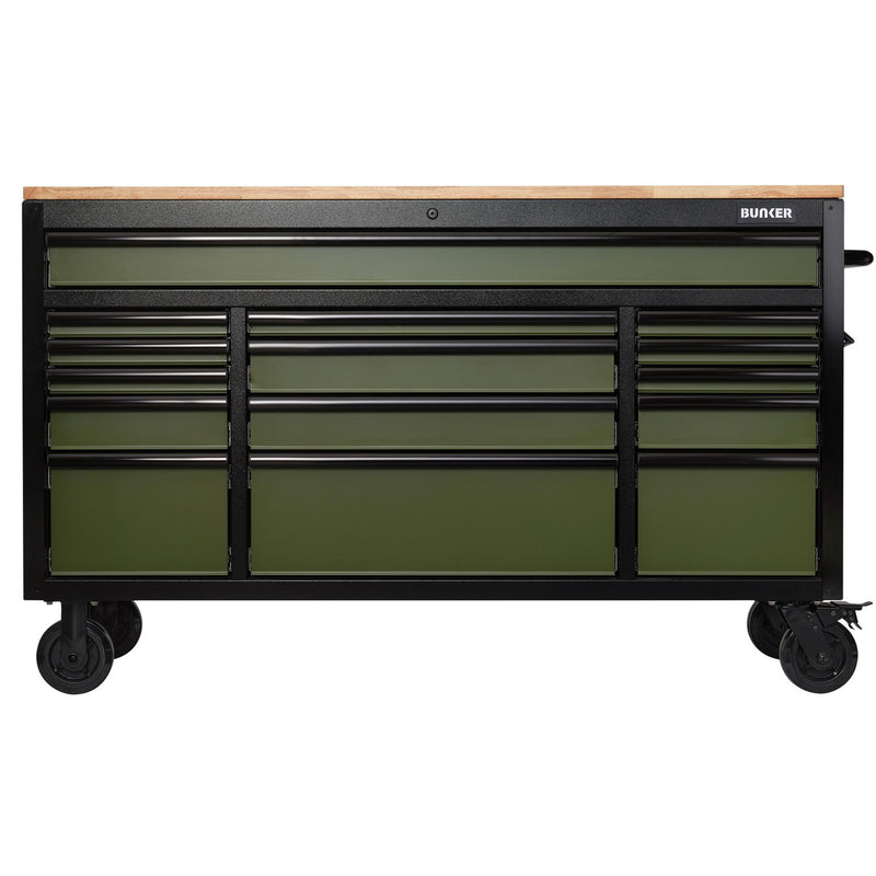Draper 27333 BUNKER® 15 Drawer Workbench Roller Tool Cabinet, 61", Green