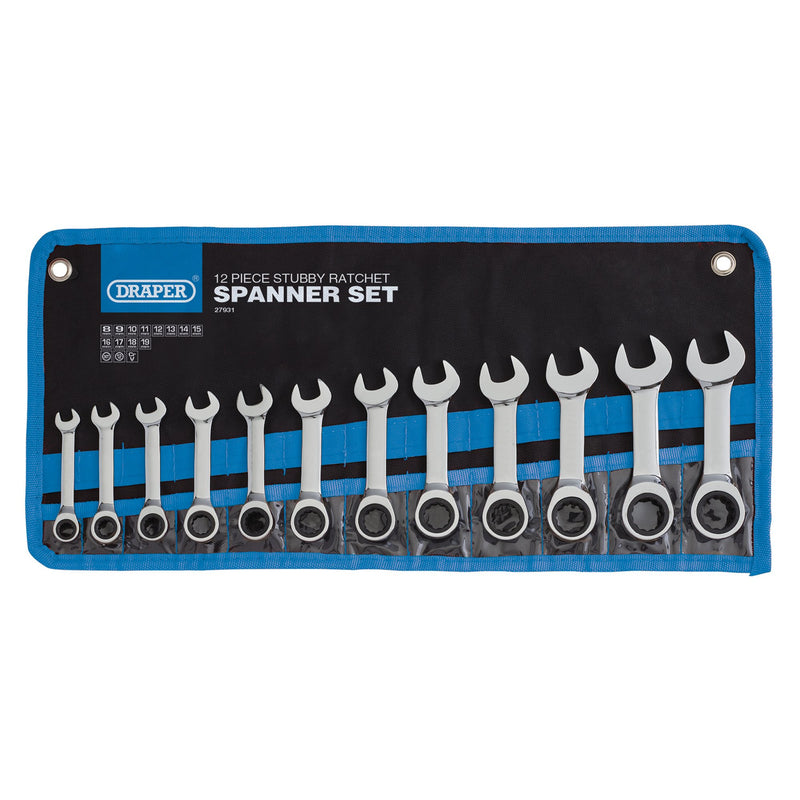 Draper 27931 Draper HI-TORQ® Metric Stubby Ratchet Combination Spanner Set (12 Piece)