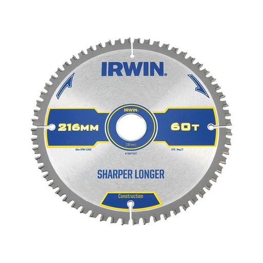 Irwin® Construction Mitre Circular Saw Blade 216 x 30mm x 60T ATB/Neg IRWIN® - RockBottom Northampton
