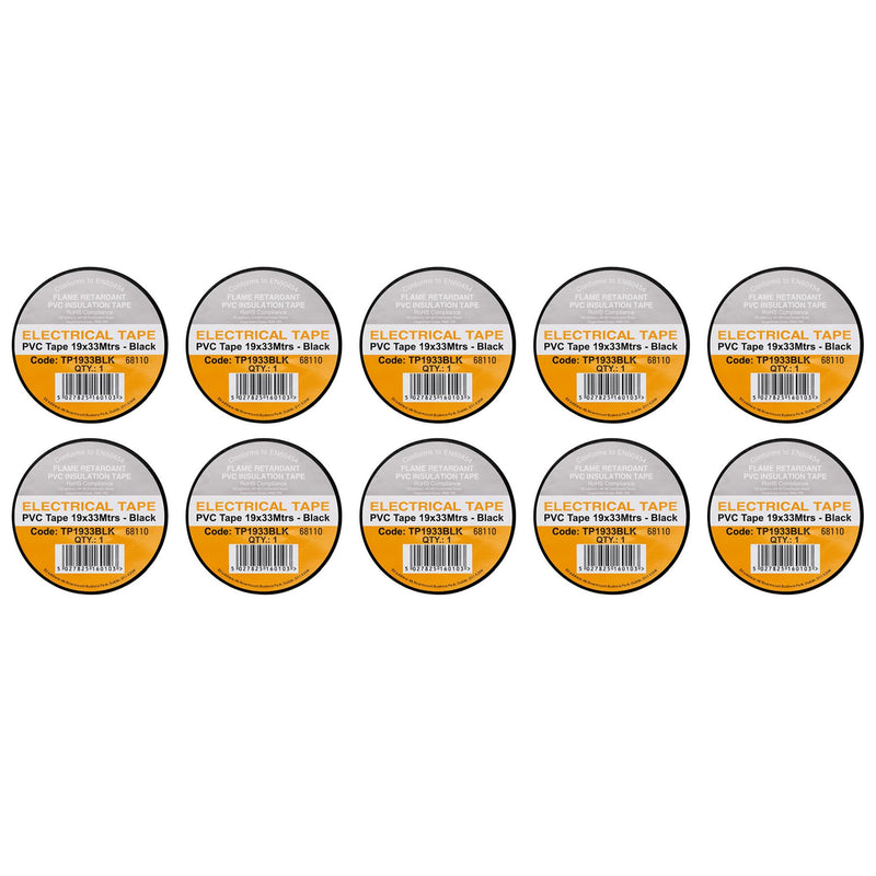 Draper 29496 Black PVC Electrical Insulation Tape, 19mm x 33m (Pack of 10)