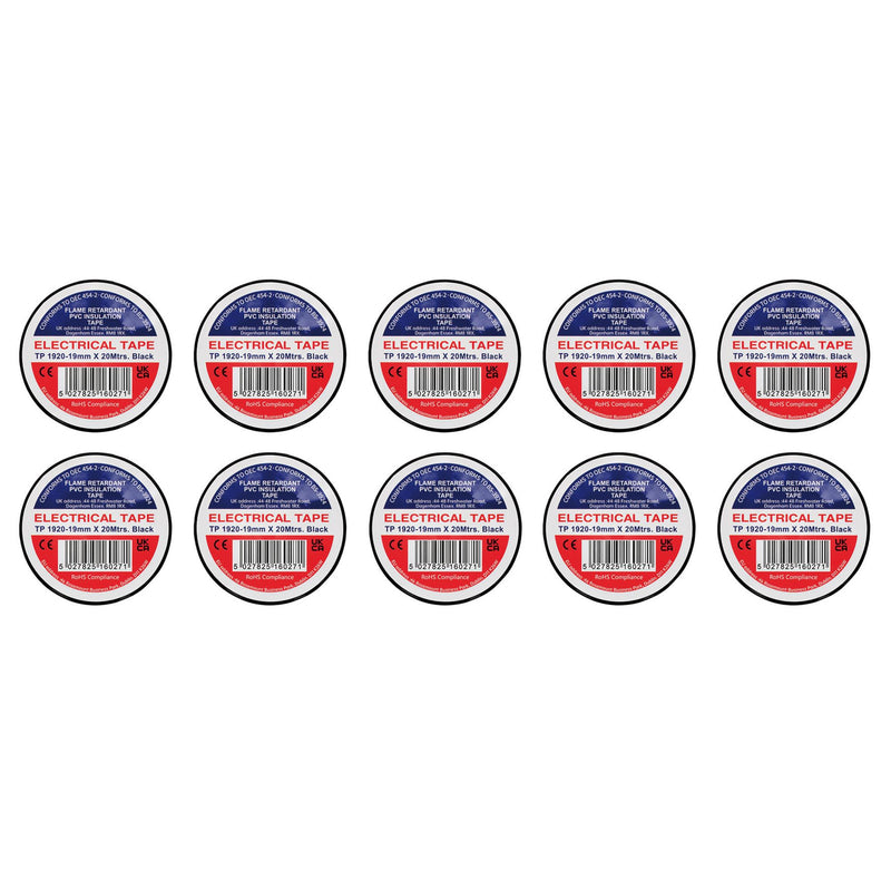 Draper 29505 Black PVC Electrical Insulation Tape, 19mm x 20m (Pack of 10)