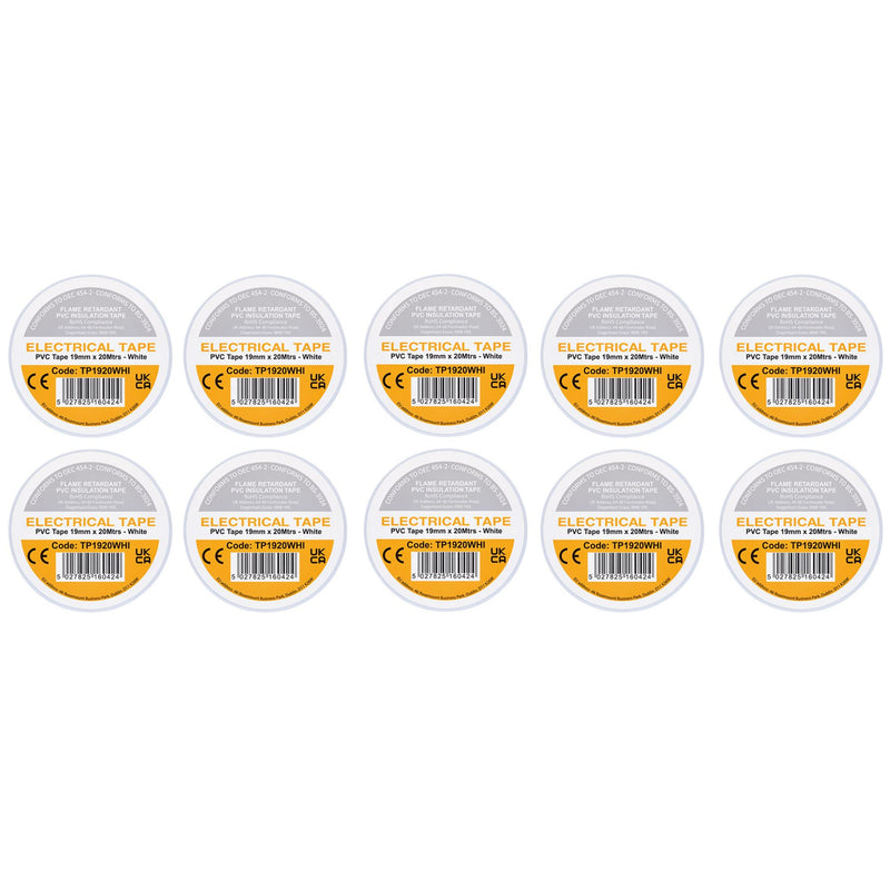 Draper 29532 White PVC Electrical Insulation Tape, 19mm x 20m (Pack of 10)