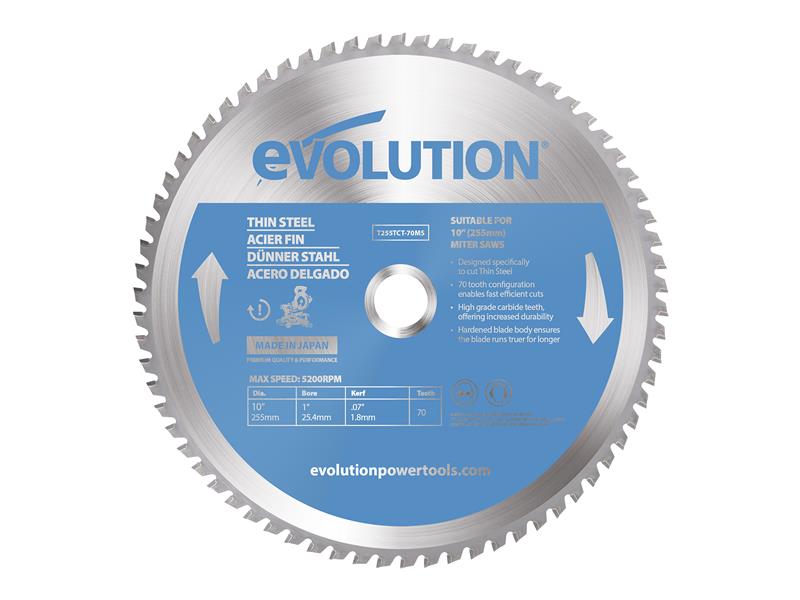 Evolution - Thin Steel Cutting Mitre Saw Blade 255 x 25.4mm x 70T