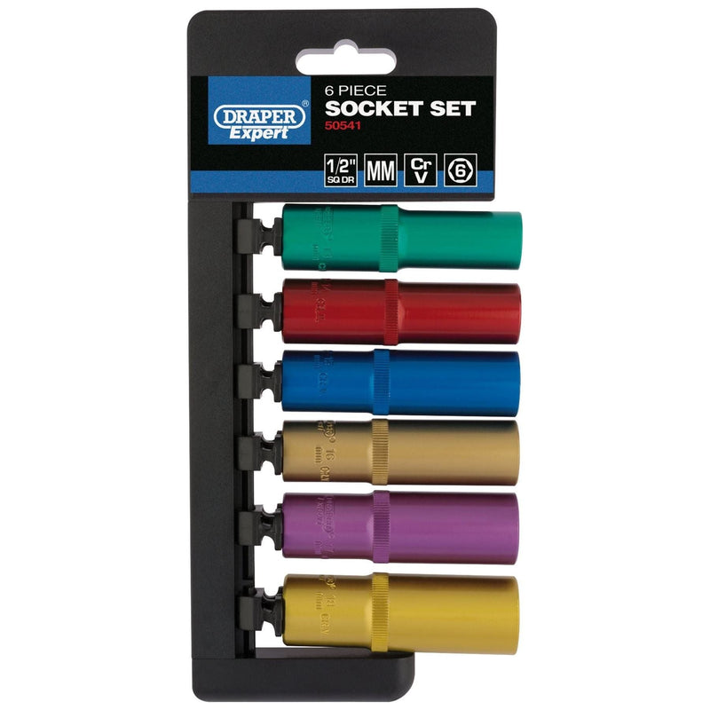 Draper Metric Coloured Deep Socket Set, 1/2" Sq. Dr. (6 Piece) 50541 Draper - Town Tools 