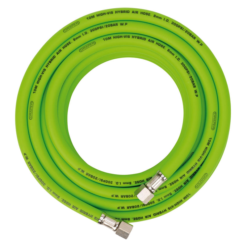 Draper 31734 High Visibility Hybrid Air Hose, 10m x 8mm, 1/4" BSP, Green
