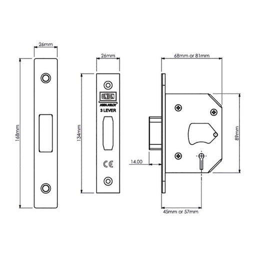 Union StrongBOLT 2103S 3 Lever Mortice Deadlock Polished Brass 81mm 3in Visi UNION - RockBottom Northampton